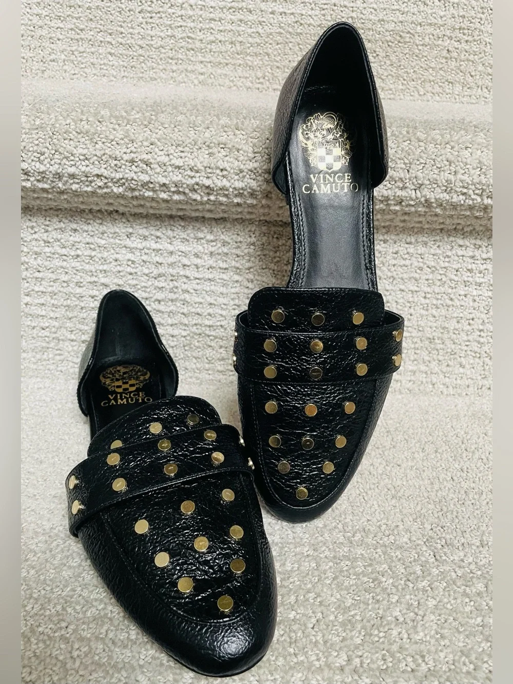 Vince Camuto Wenerly Gold Tone Studded Black Textured Leather Slip On Flat